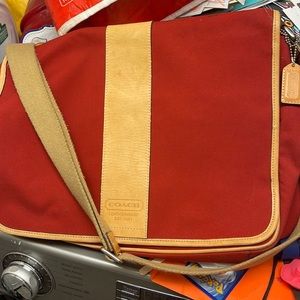 Coach red canvas & tan leather Diaper bag